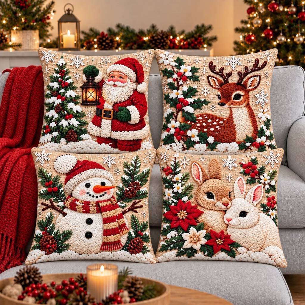 Kit com quatro capas de almofada de Natal no sofá decorado