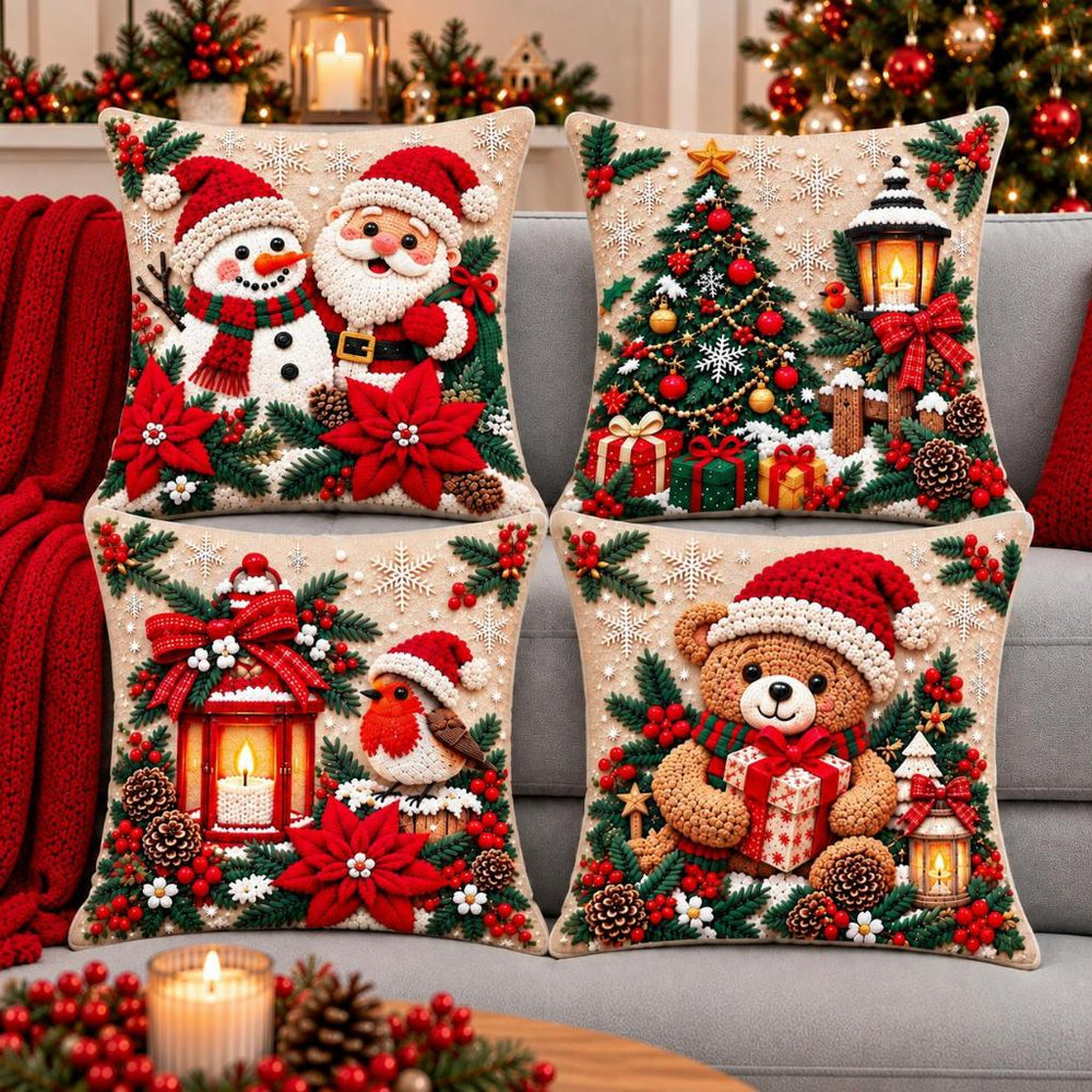 Sofá com quatro almofadas de Natal e árvore iluminada ao fundo