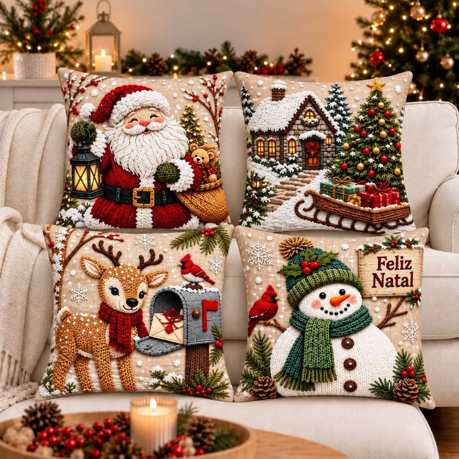 Quatro capas de almofada de Natal com efeito 3D arrumadas no sofá