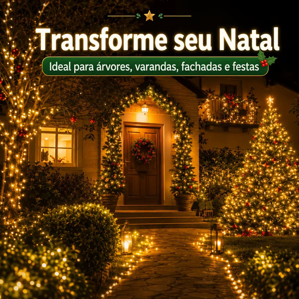 Fachada de casa com árvore, porta e caminho iluminados por luzes de Natal
