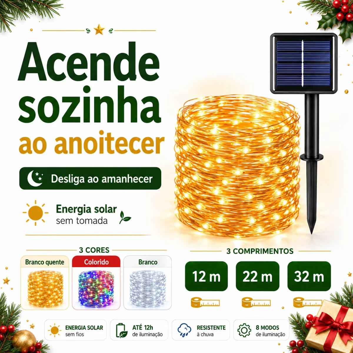 Cordão de luz solar branco quente aceso ao lado do painel solar