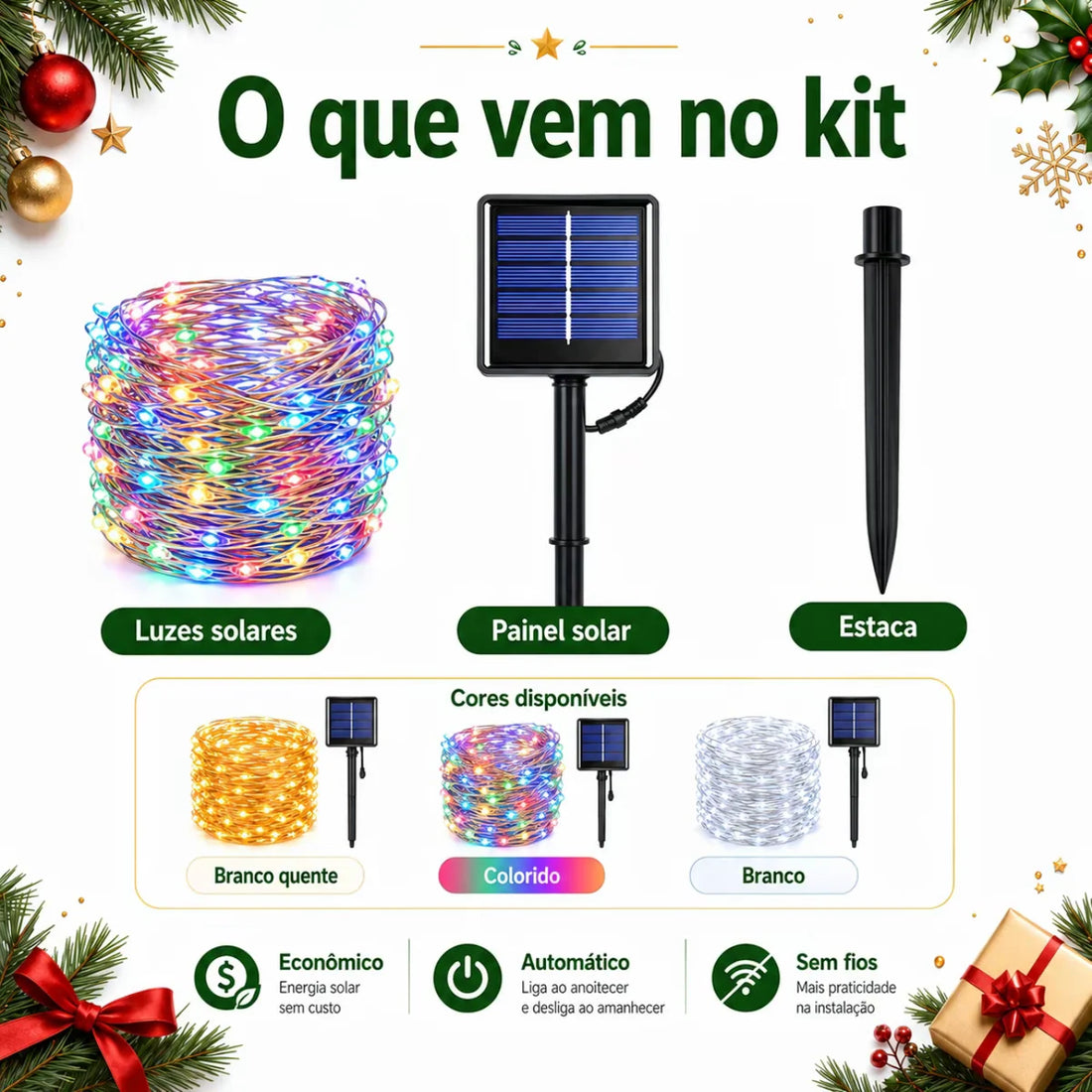 O que vem no kit: cordão de luzes, painel solar e estaca