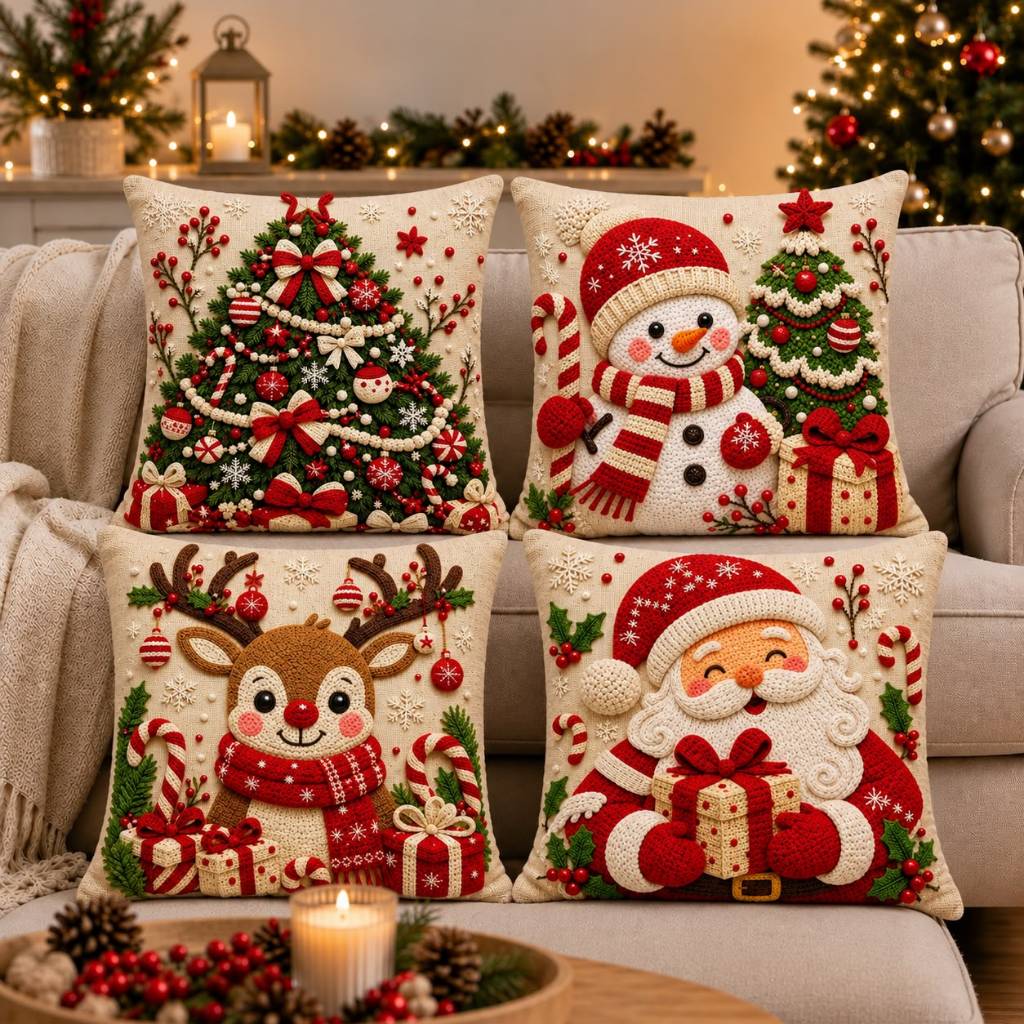 Sala decorada para o Natal com almofadas de estampa natalina no sofá